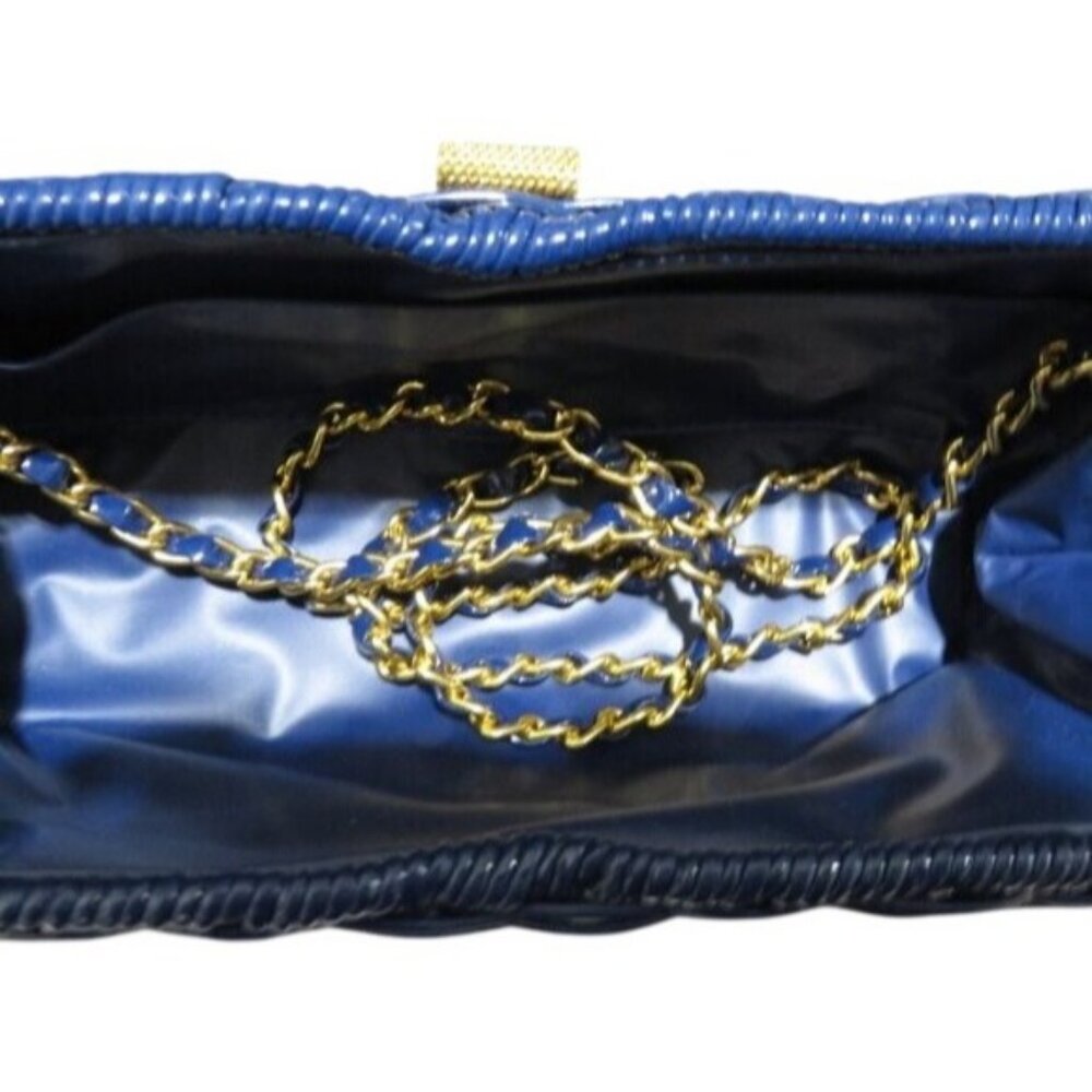 Basket Weave Handbag Cobalt Sapphire Blue & Gold Hardware Chain Crossbody Clutch - Picture 8 of 13